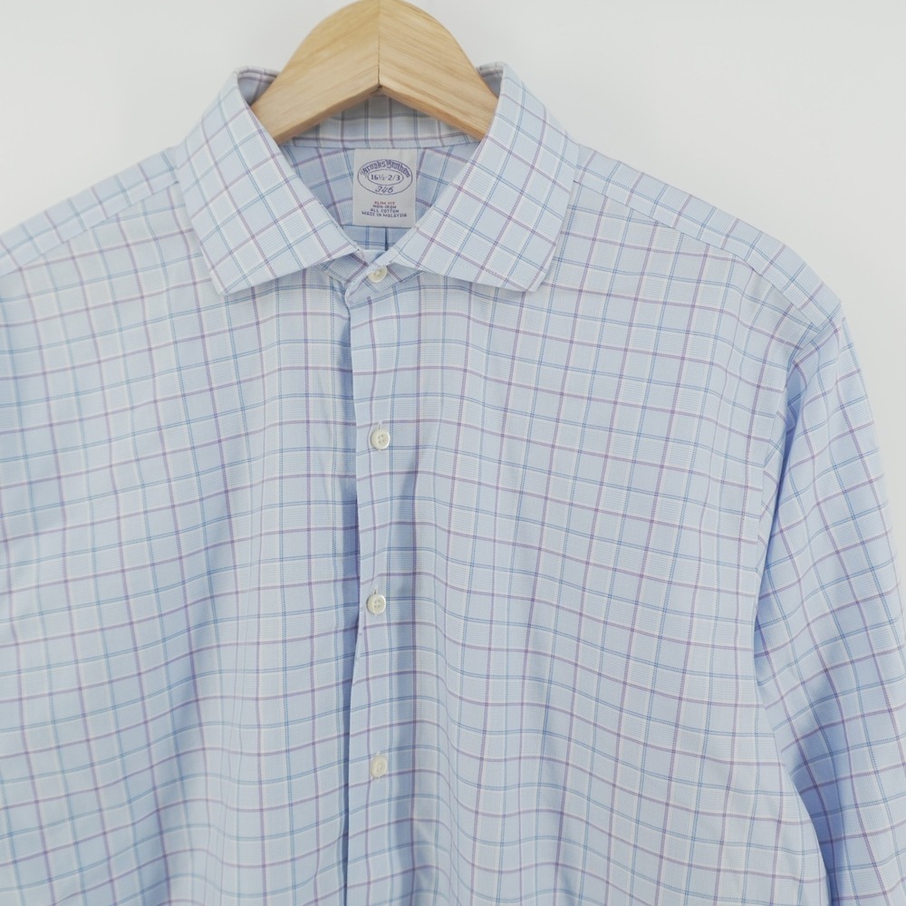 Brooks Brothers 346 Dress Shirt Mens 16.5 2/3 Blue Purple Check Slim Non-Iron